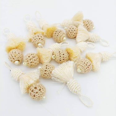Beige Crochet Ball Tassels With White Pearls Beads, Tassel Charms, Nylon Tassels x 2